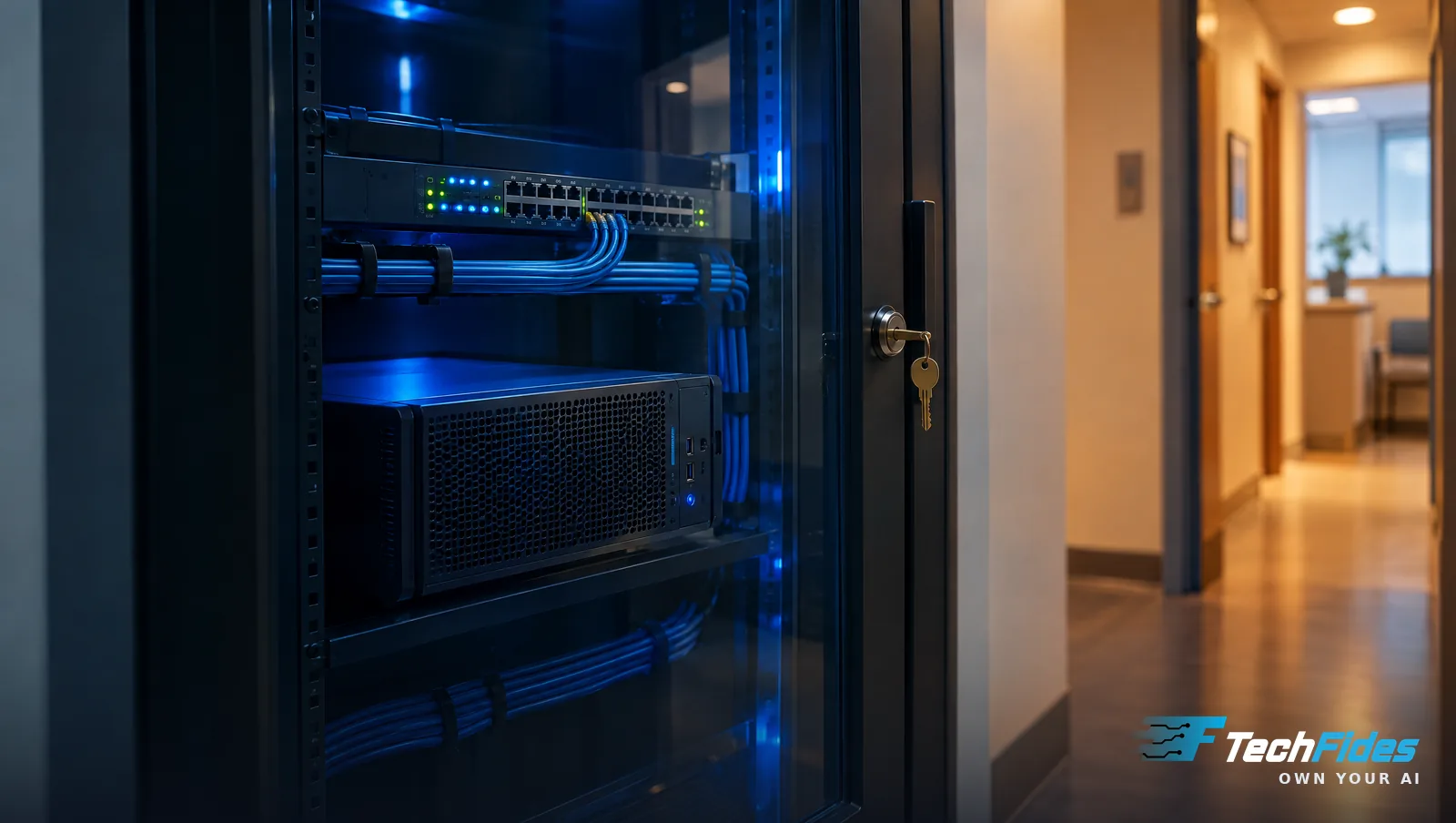 A locked glass rack in a medical clinic holding a compact AI workstation and network switch, key in the lock