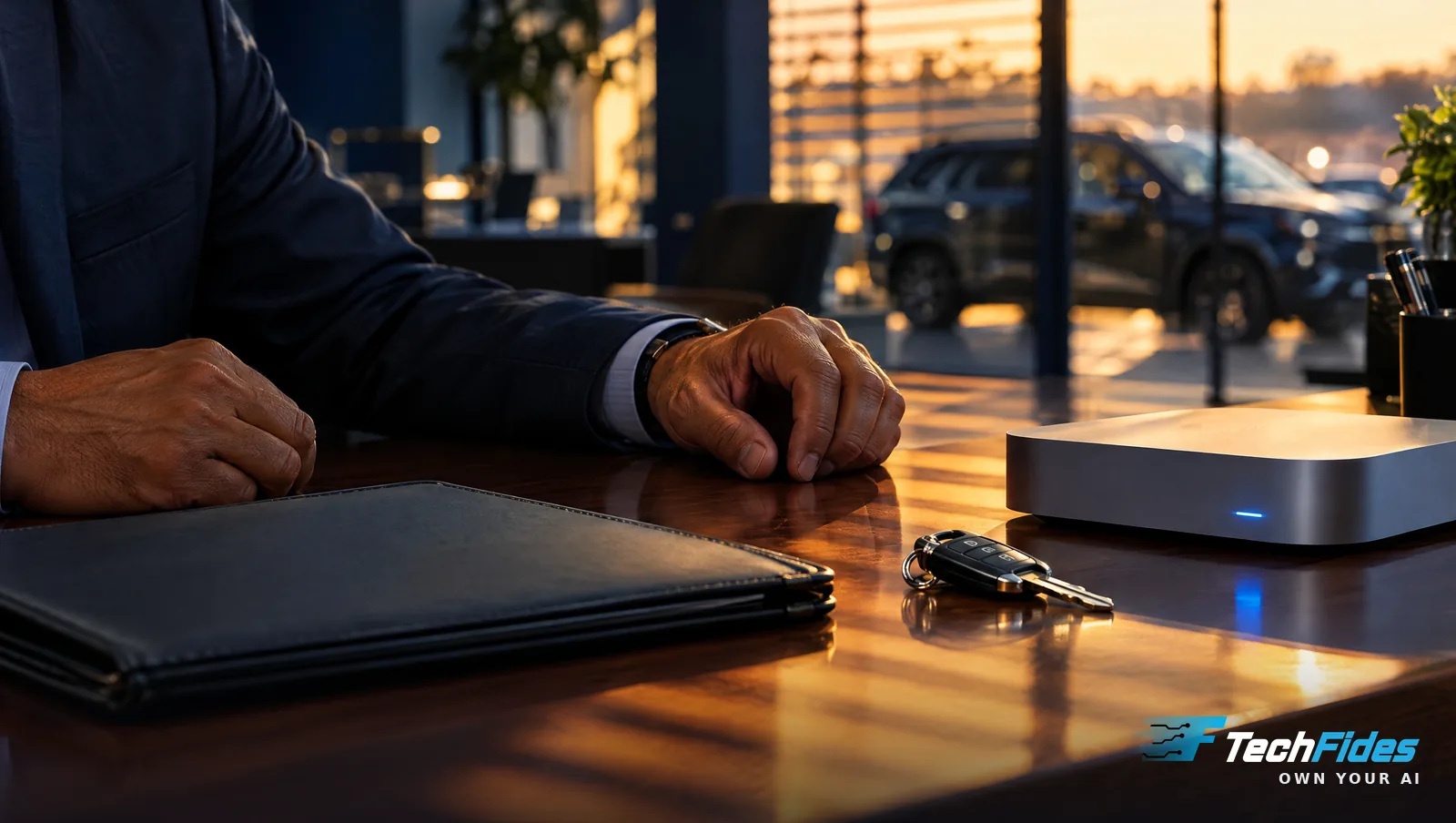 A business owner's hands on a desk beside keys and a compact AI computer, with an auto showroom behind